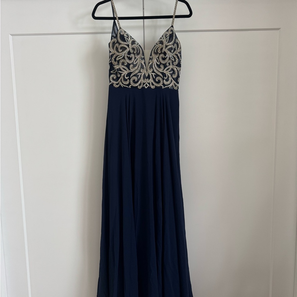 Jovani Navy and Silver Embellished Prom Dress